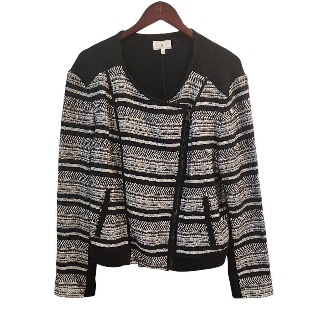 Lou & Grey Moto Zip Up Sweater Jacket XXL Women's Black White - Picture 2 of 6